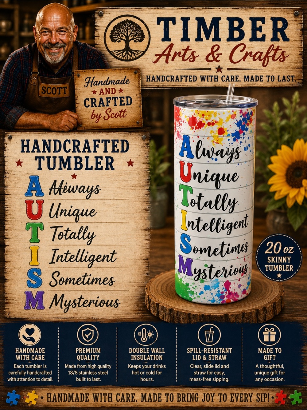 Autism Awareness Colorful Sunflower 20 oz
Straight Skinny Tumbler